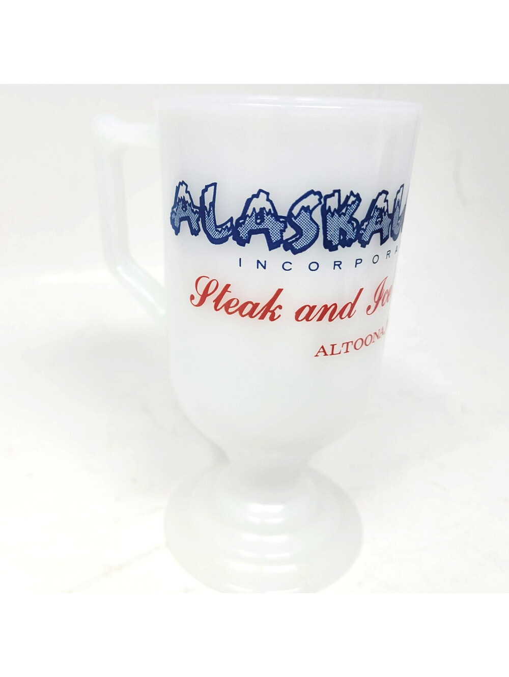 Vintage Alaskaland Steak and Ice Cream House Altoona PA Milk Glass Pedestal Mug